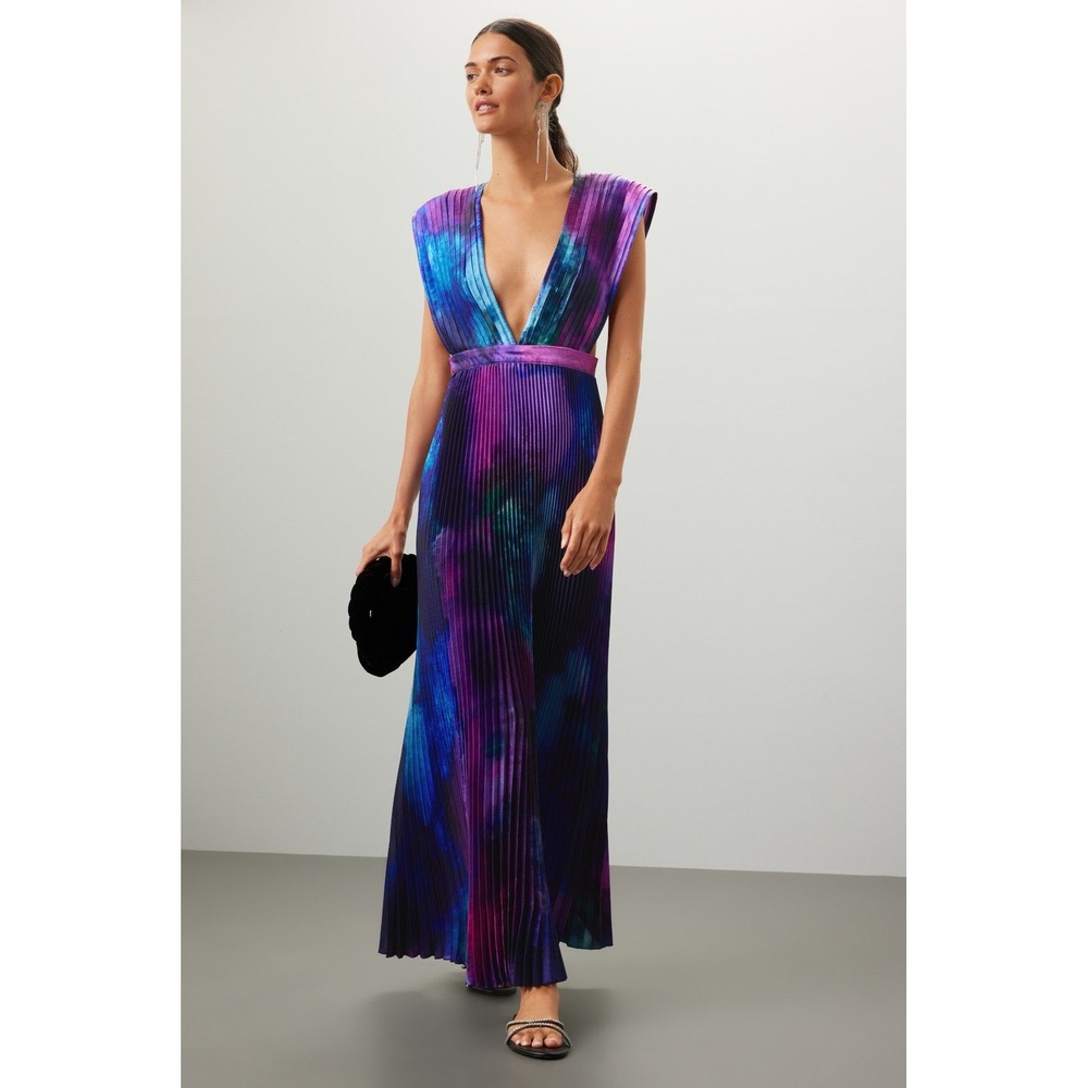 L'IDÉE Printed Gala Gown Pleated Deep Sea Blue Purple Tie Dye Maxi Dress 8